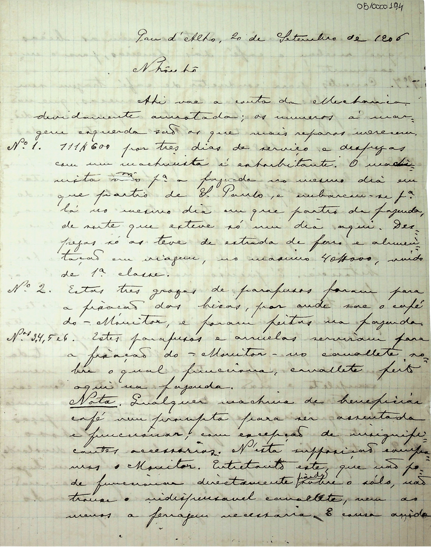 Correspondência manuscrita em papel pautado.