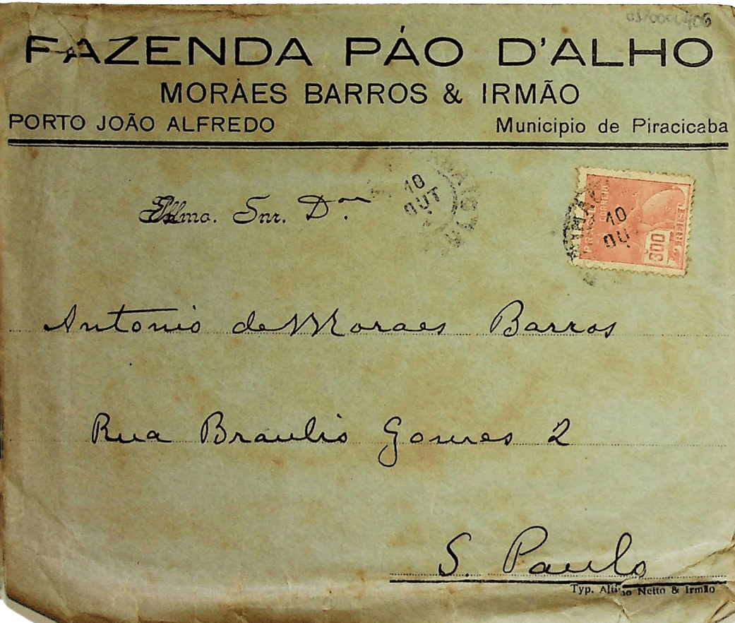 Envelope com o cabeçalho Fazenda Pão d’Alho.