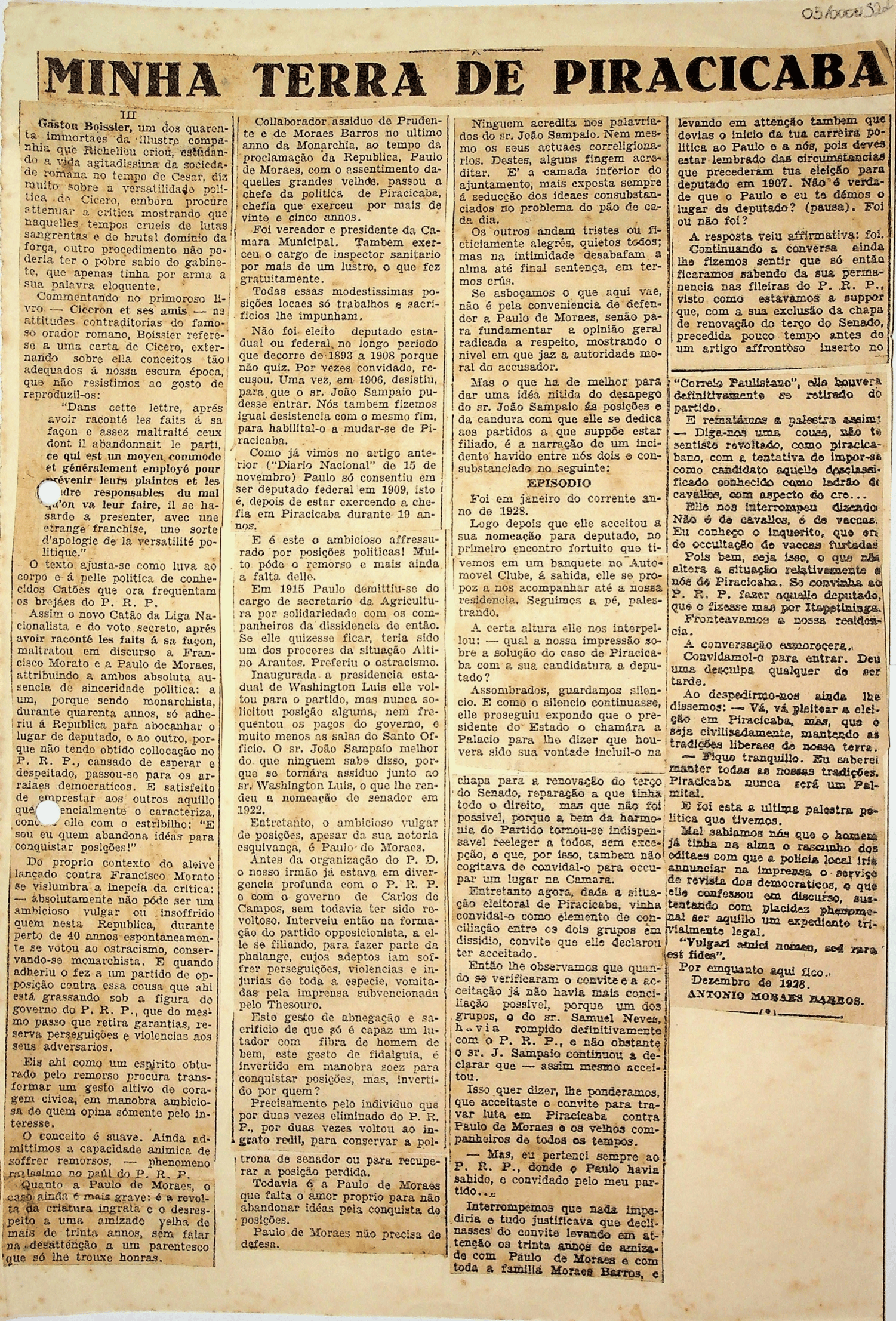 Recorte de jornal com o título Minha Terra de Piracicaba.